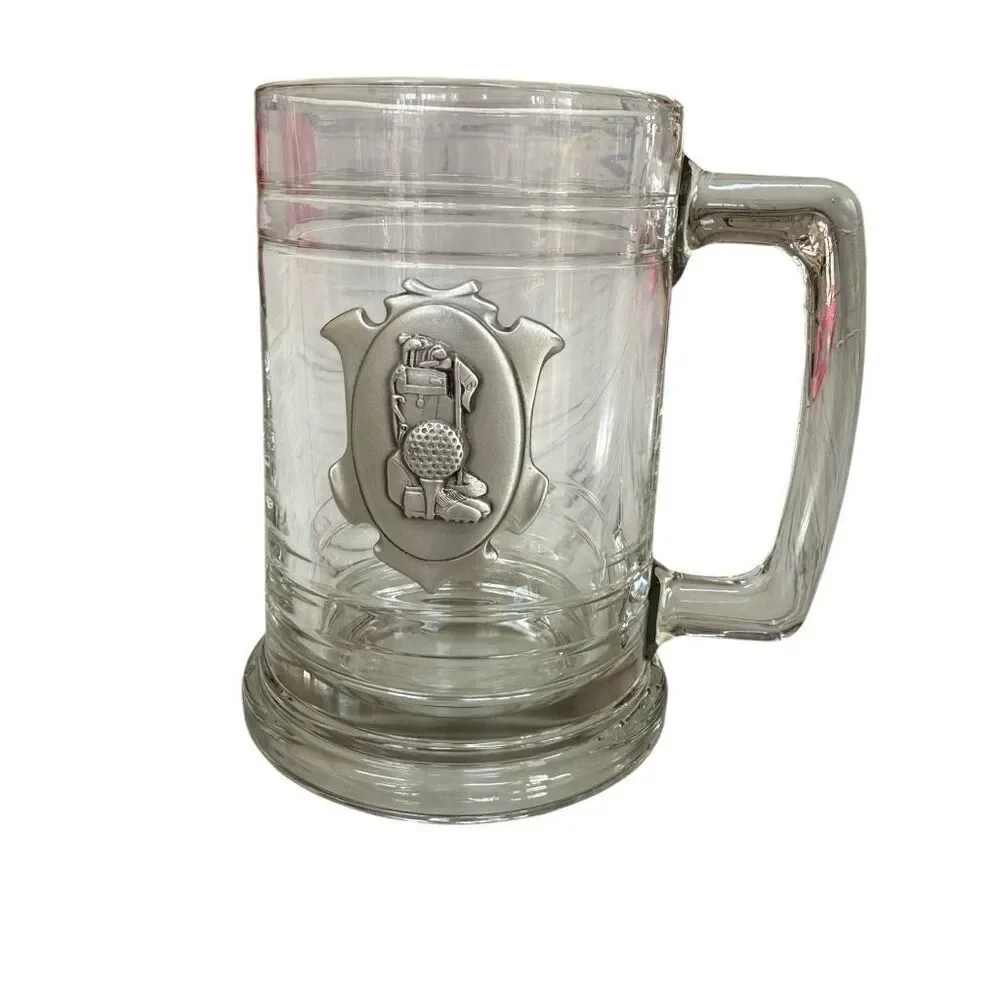 Clear Glass Beer Mug Stein with Pewter Golf Ball Clubs Sporting Motif